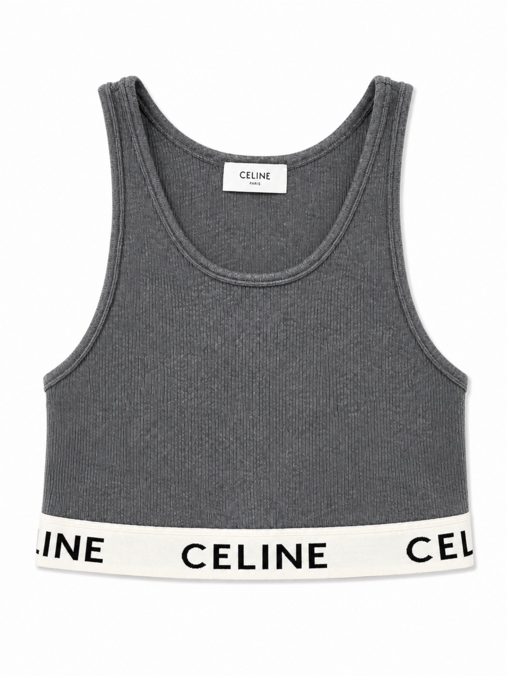 CELINE Paris Gray Ribbed Logo Crop Tank Top